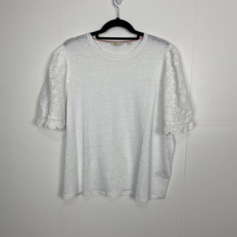 BODEN Women’s White Linen Broaderie Eyelet Short Sleeve T-Shirt Size 16/18.